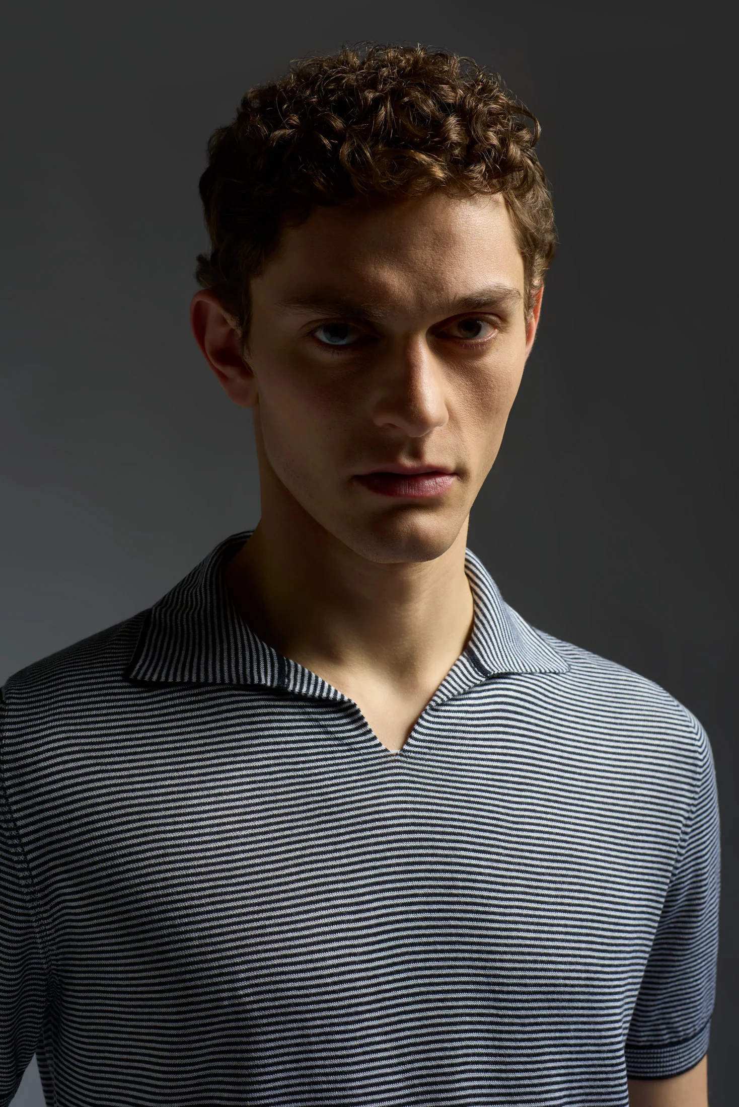 Silk and Cashmere Microstripes Open Collar Polo - Image 3